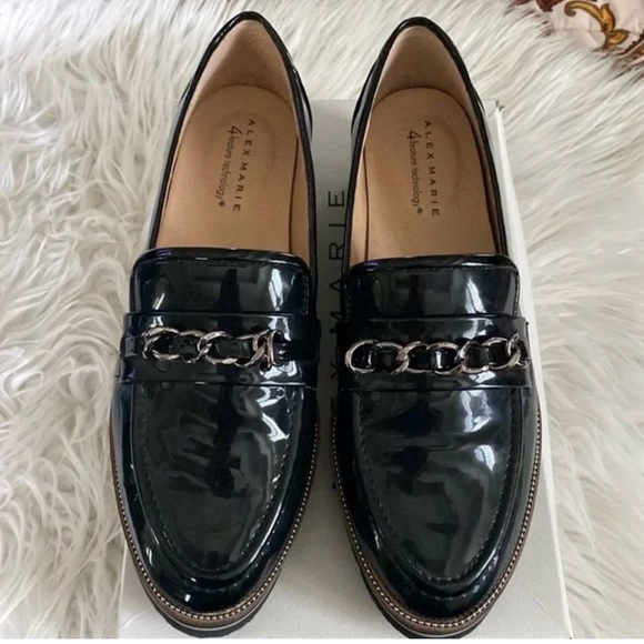 Alex Marie Glossy Black Loafers with Chain Detail - Picture 1 of 9